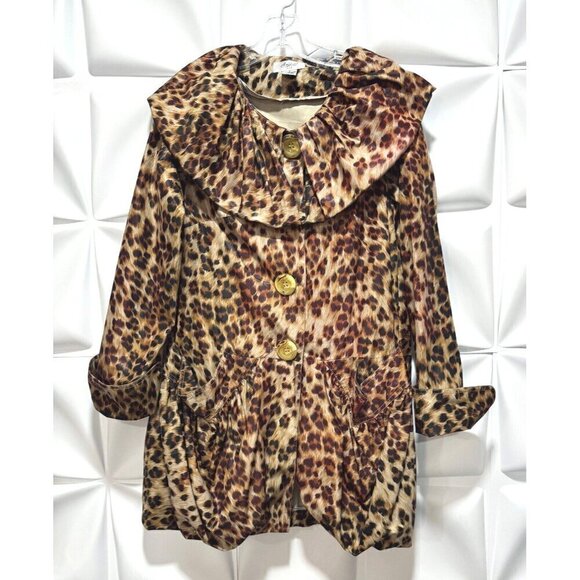 Anis A USA Sz S Brown Leopard Print Ruffle Collar Duster Swing Jacket Womens - Picture 4 of 6